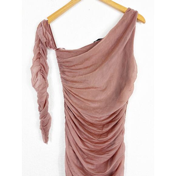 Zara Fitted Asymmetric Draped Organza Dress Medium One Sleeve Ruched Cocktail - Picture 10 of 14
